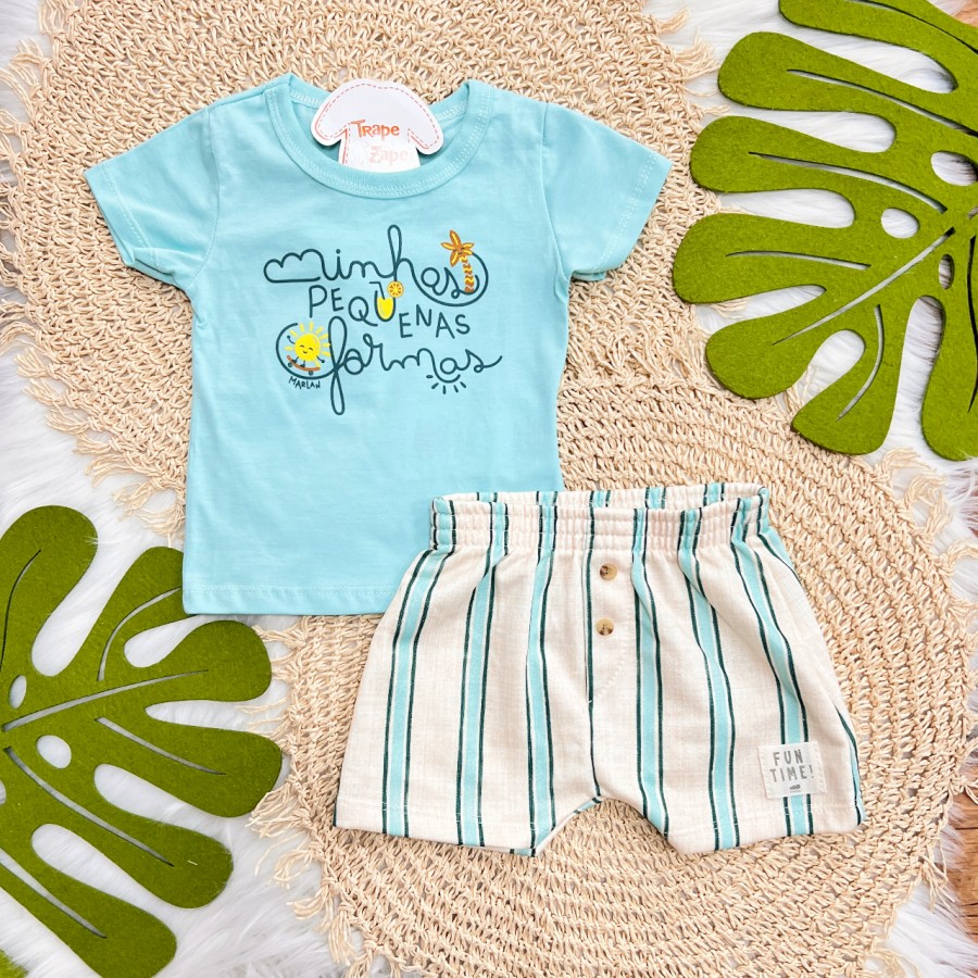 Conj. Camiseta "Minhas Pequenas Formas" e Bermuda Listrada - Azul Piscina e Areia